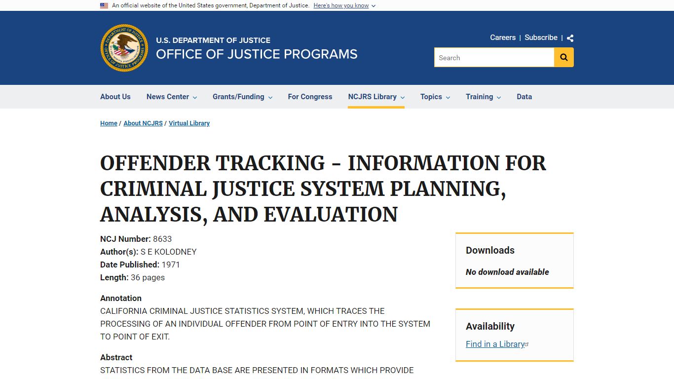 OFFENDER TRACKING - INFORMATION FOR CRIMINAL JUSTICE SYSTEM PLANNING ...